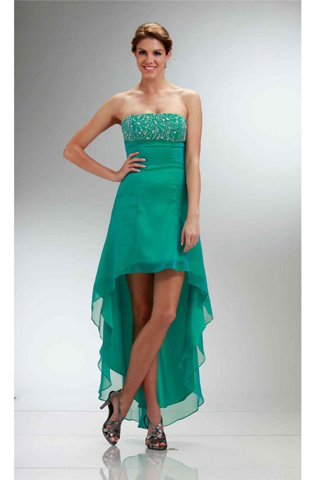 Elegant High Low Strapless Empire Waist Green Chiffon Beaded Prom Dress