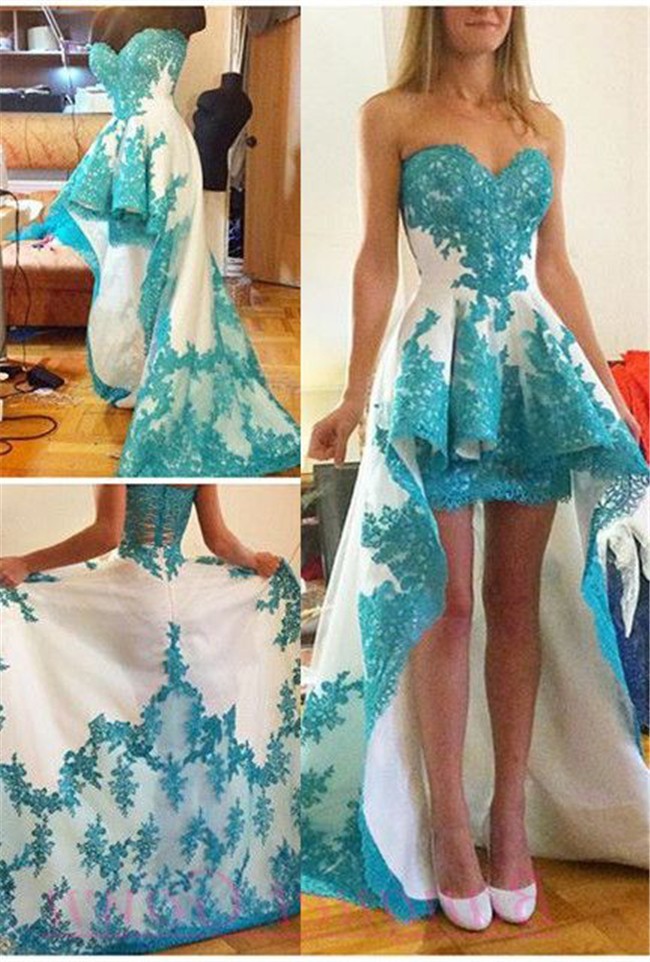 Elegant Strapless High Low Teal Lace Prom Dress