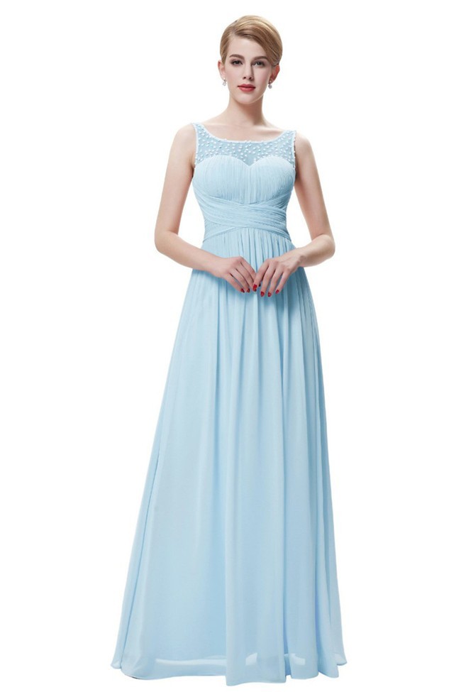Glamour Boat Neck Sleeveless Long Light Blue Chiffon Beaded Prom Dress