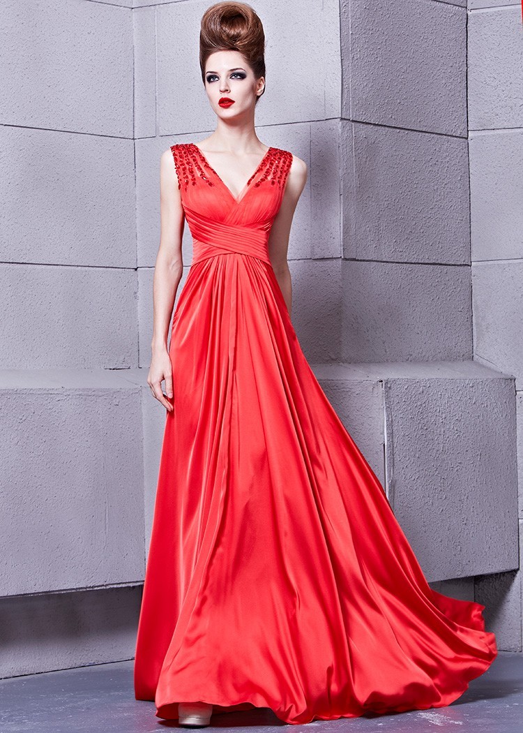 Gorgeous Deep V Neck Sheer Tulle Back Long Red Chiffon Beaded Prom Dress