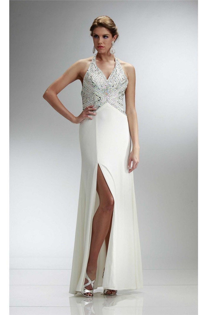 Gorgeous Halter High Slit Long Ivory Chiffon Beaded Prom Dress 7578