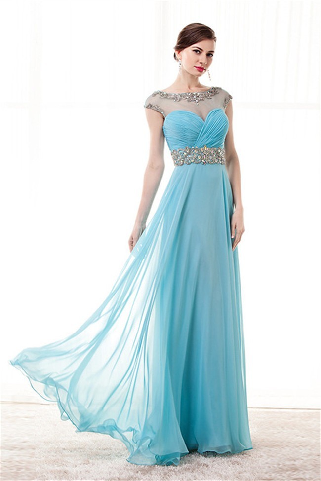 Jewel Neckline Cap Sleeve Open Back Long Turquoise Chiffon Prom Dress