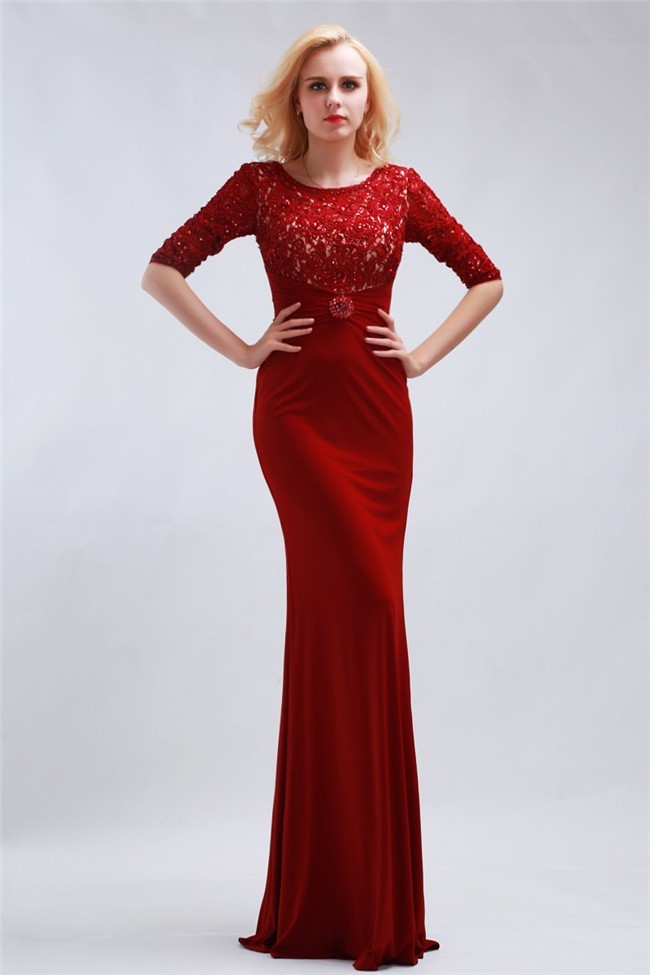 Modest Scoop Neck Long Red Jersey Special Occasion Evening Dress With ...