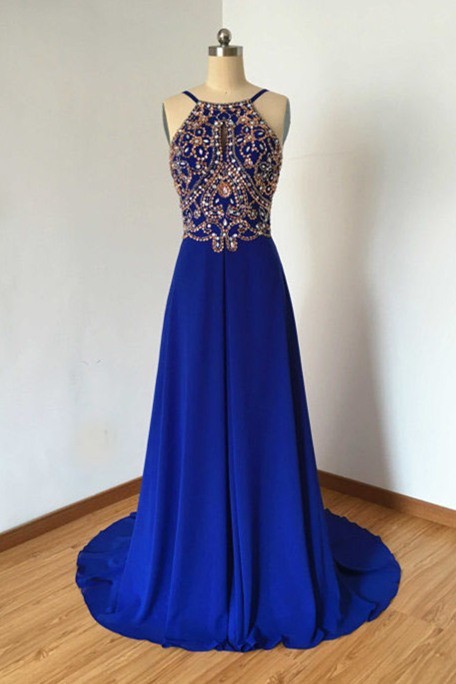 Sheath Open Back Long Royal  Blue  Chiffon Gold  Beaded Prom  