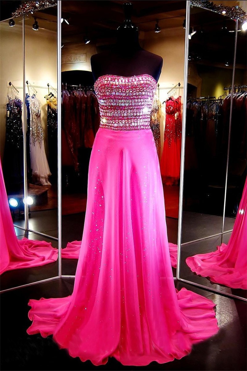 Sheath Strapless Long Hot Pink Chiffon Rhinestone Beaded Prom Dress 8668