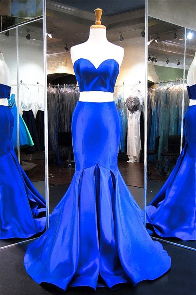 Simple Mermaid Sweetheart Two Piece Royal Blue Satin Evening Prom