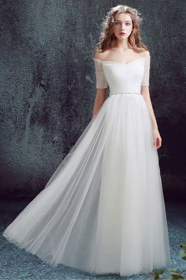 Simple Off The Shoulder Tulle Sleeve Wedding Dress Without Train