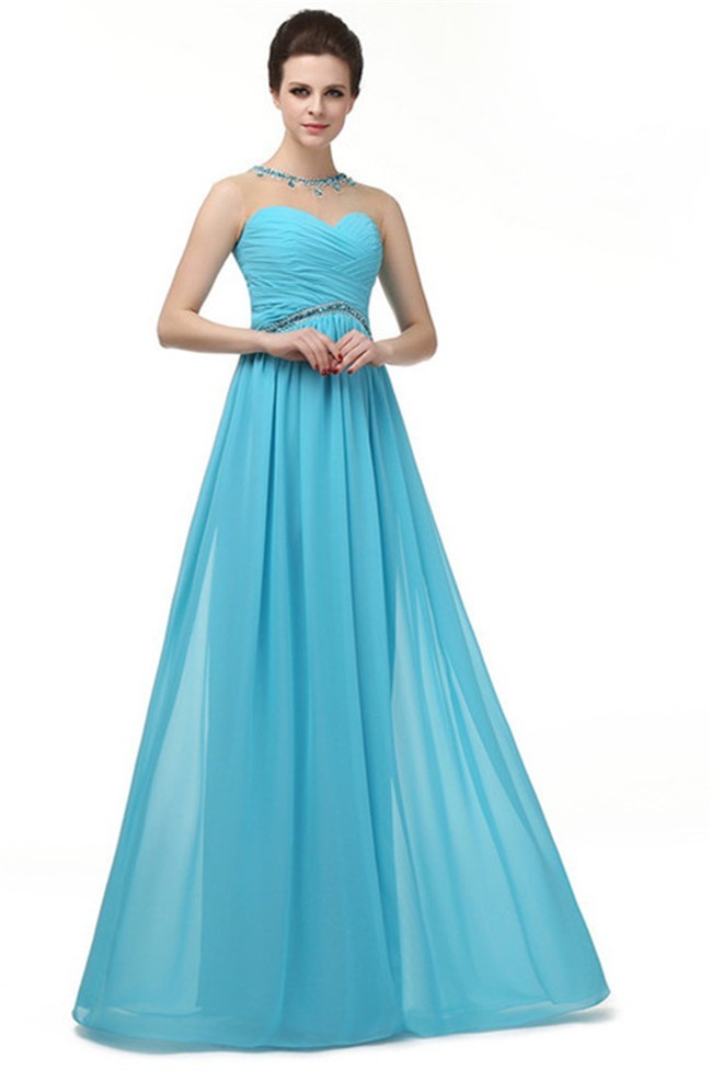 Stunning Illusion Jewel Neckline Empire Waist Long Turquoise Chiffon ...