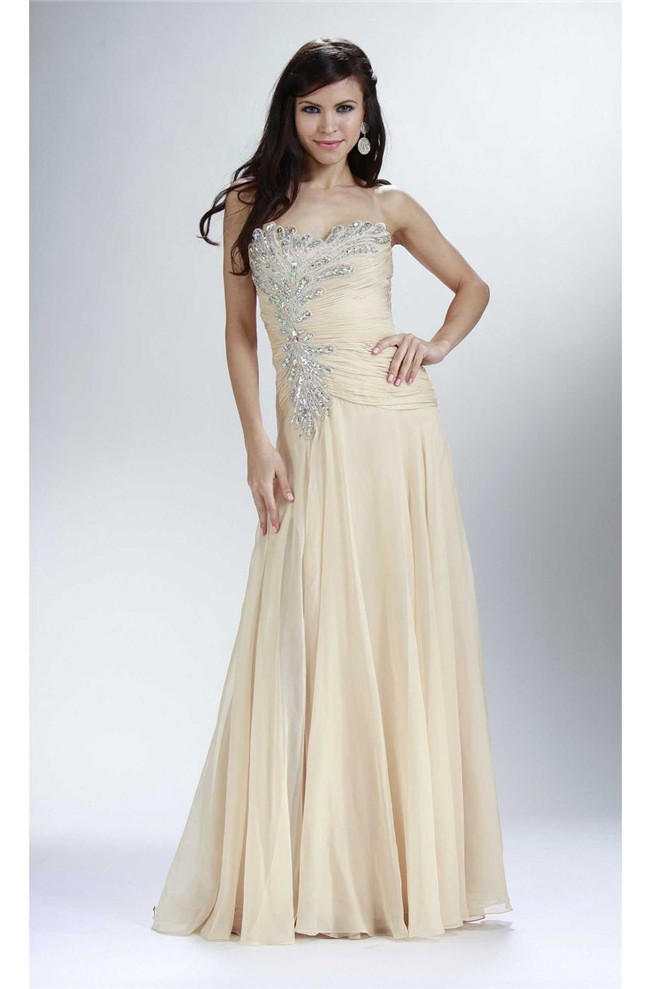 Stunning Strapless Long Champagne Chiffon Ruched Prom Dress With Beading