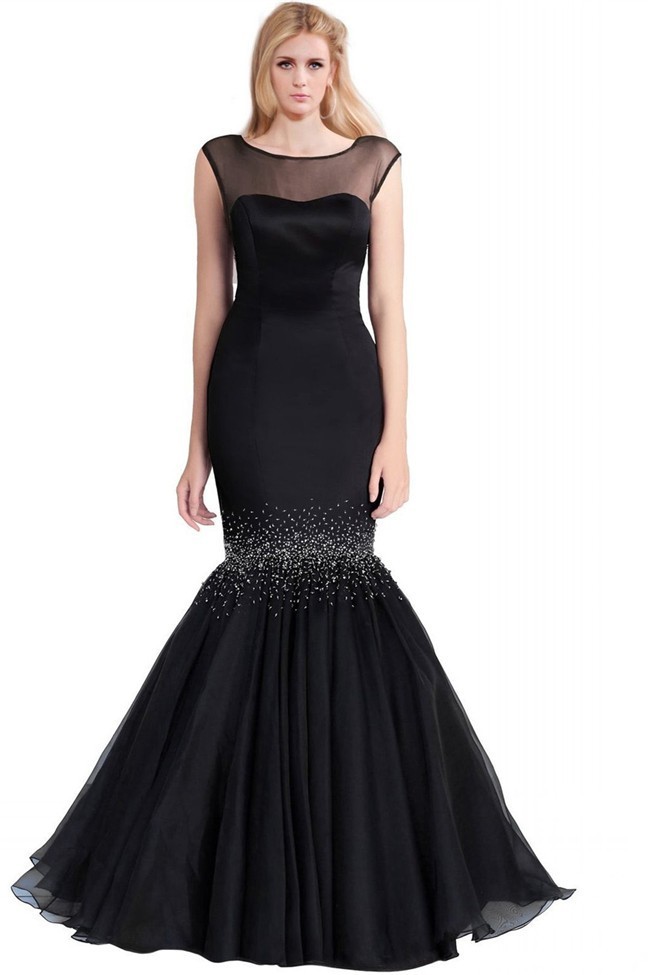 Trumpet Mermaid Boat Neck Cap Sleeve Black Organza Beaded Prom Dress