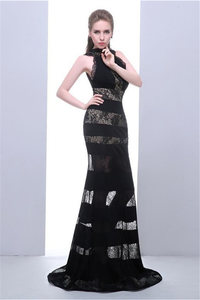 Unique High Neck Open Back Black Lace Evening Prom Dress See Through Skirt