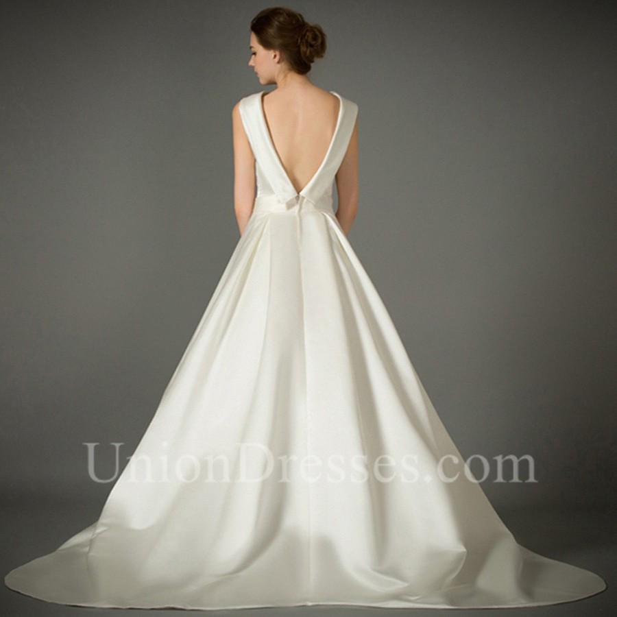 a-line-high-neck-collar-low-back-satin-wedding-dress-with-bow-sash