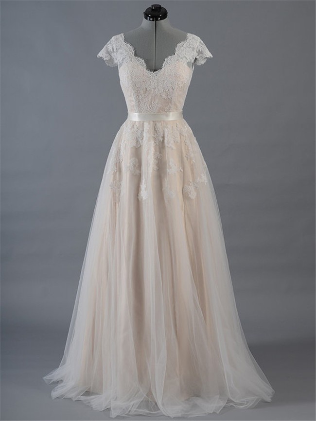 A Line Scalloped Neck Champagne Satin Tulle Lace Wedding Dress With Sleeves