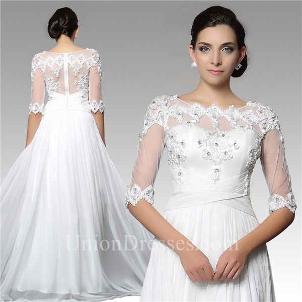 A Line Scalloped Neck Sheer Back Chiffon Lace Beaded Wedding Dress With ...