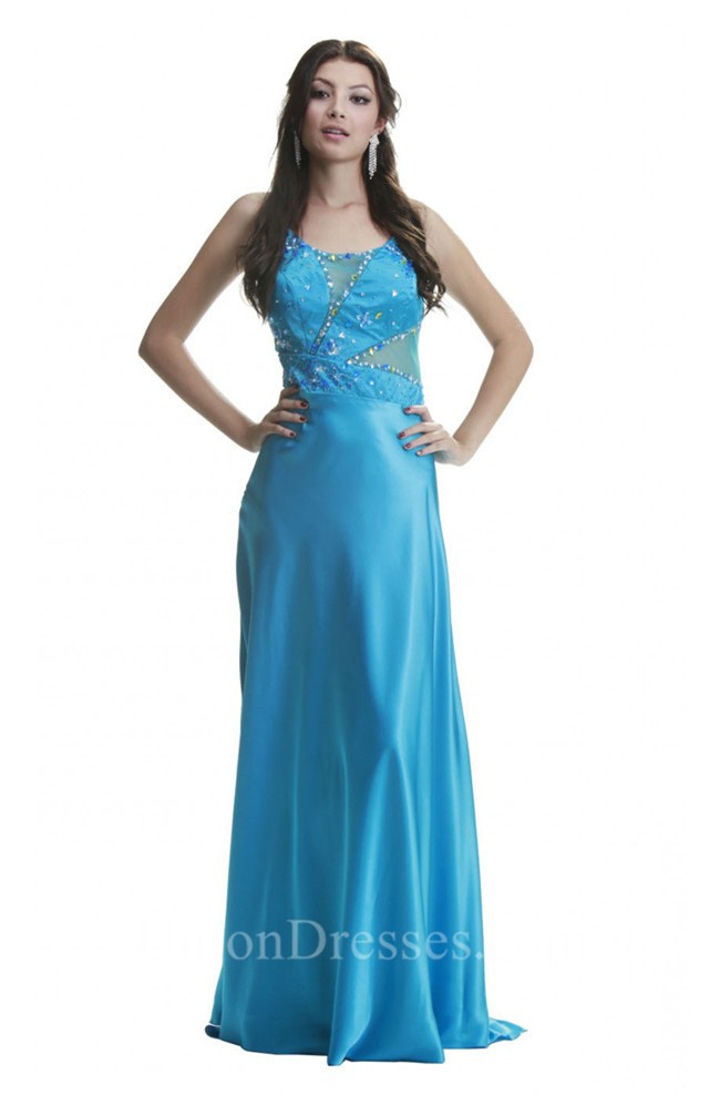 Asymmetrical Cut Out Open Back Long Turquoise Silk Prom Dress With Straps