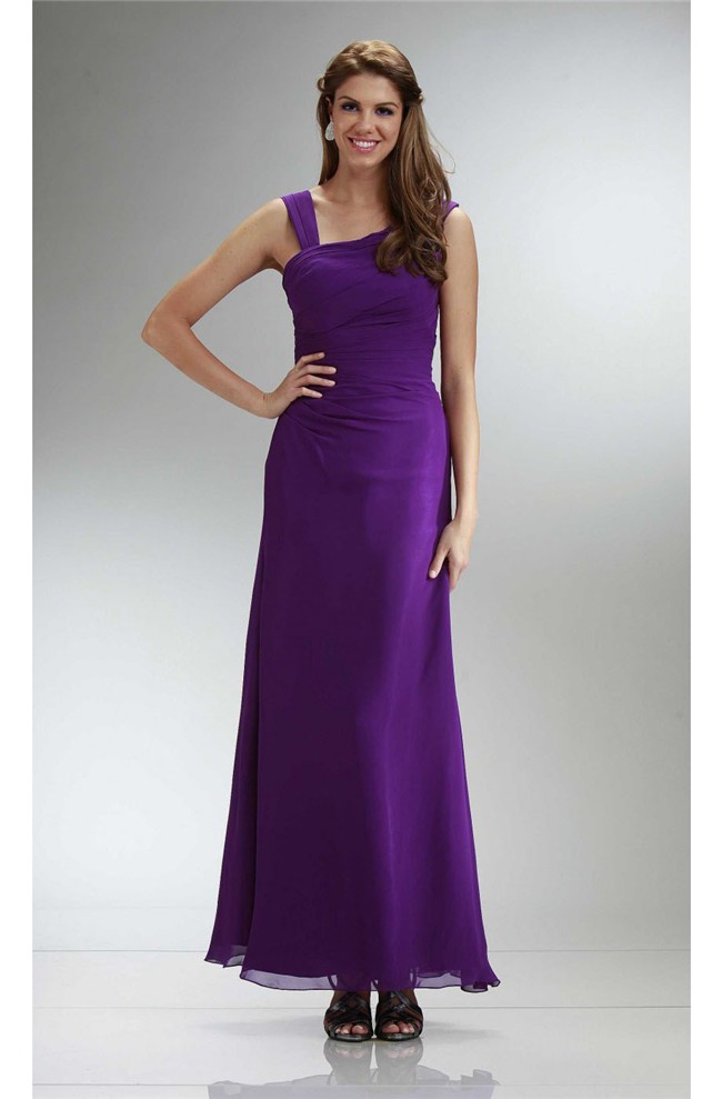 Asymmetrical Neckline Long Purple Chiffon Ruched Bridesmaid Evening Dress