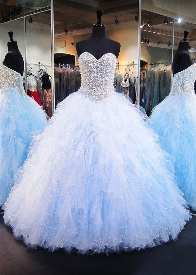 Ball Gown Sweetheart Light Blue Tulle Ruffle Pearl Puffy Quinceanera Prom Dress 7404