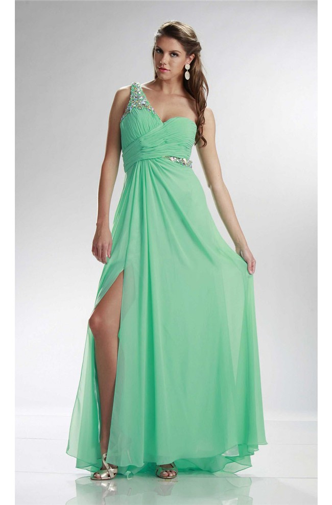 Charming One Shoulder High Slit Long Mint Green Chiffon Prom Dress