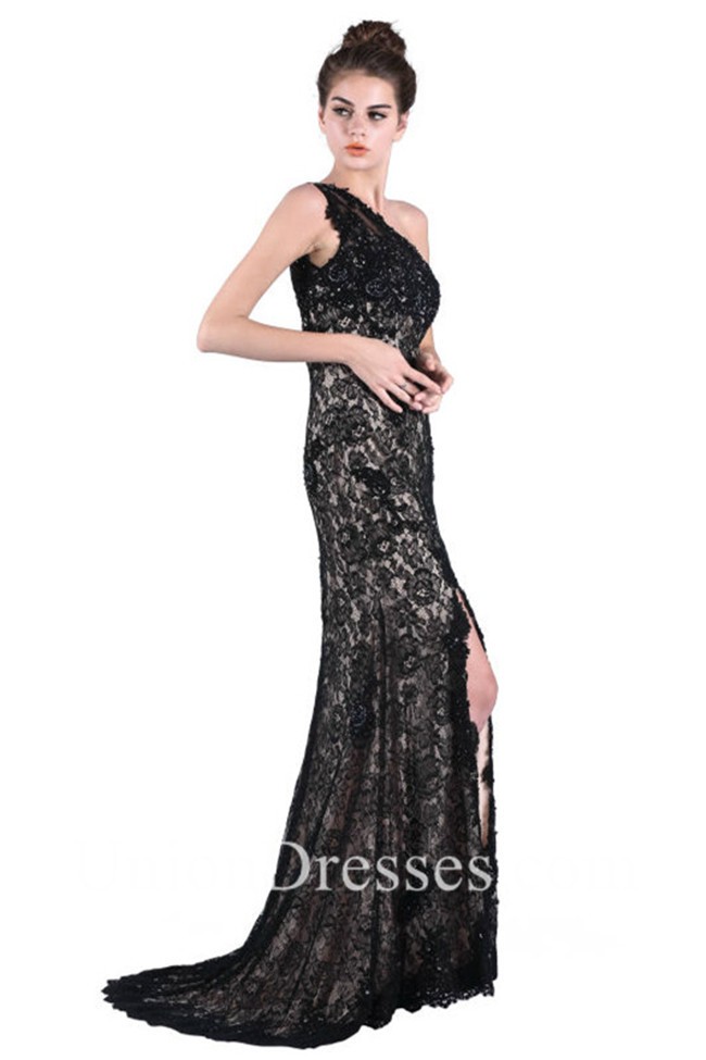 Chic One Shoulder High Slit Long Black Lace Beaded Prom Dress