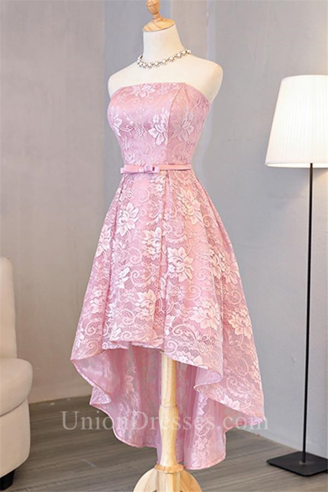 Chic Strapless High Low Dusty Rose Lace Party Prom Dress Bow Sash