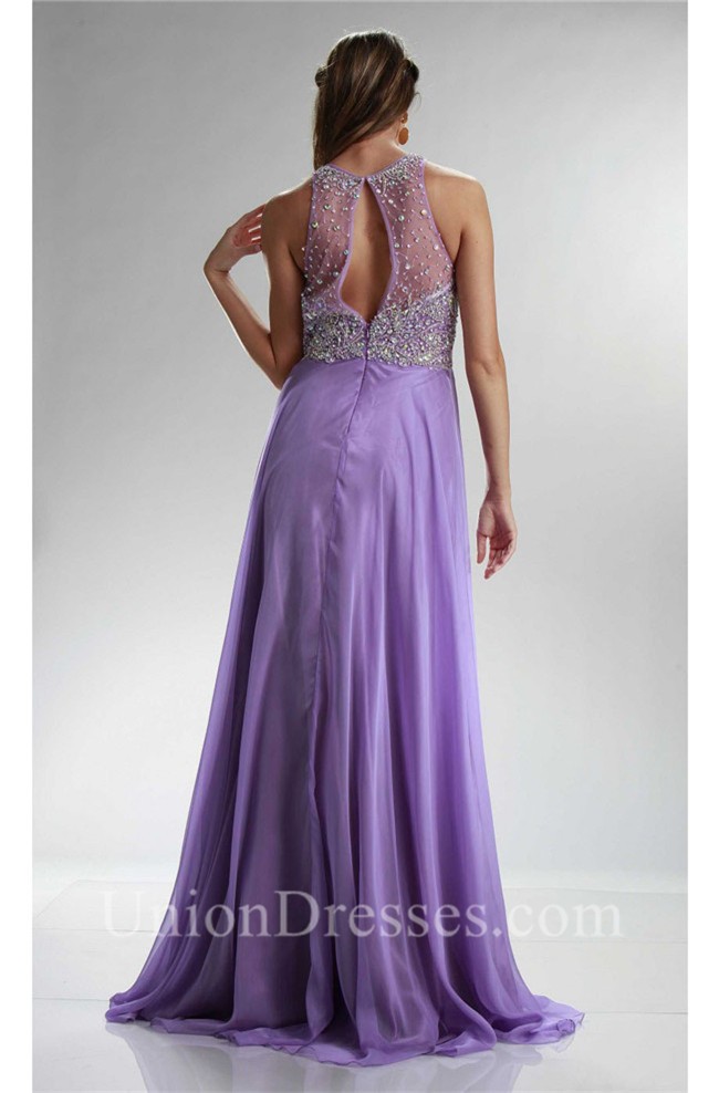 Classy Sheath Open Back Long Lilac Chiffon Beaded Prom Dress