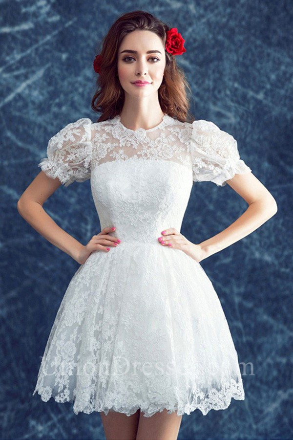 Cute High Neck Puff Sleeve Vintage Lace Short Garden Beach Wedding Dress