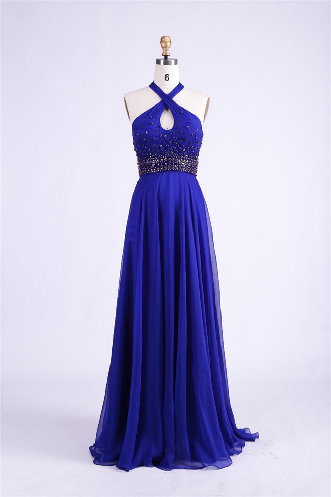 Elegant Halter Long Royal Blue Chiffon Beaded Prom Dress