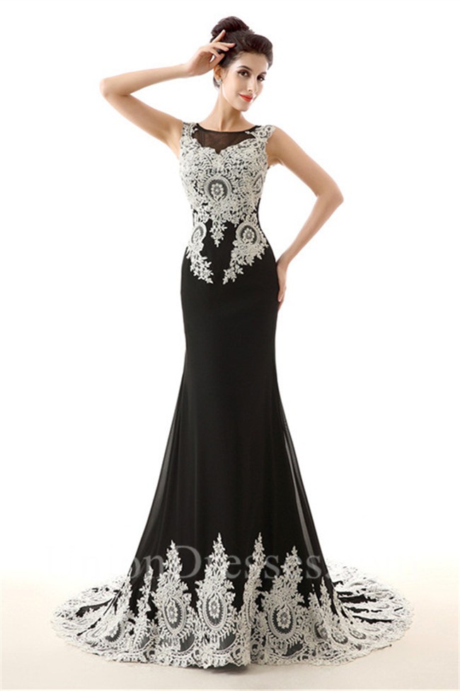 Elegant Mermaid Sleeveless Black Chiffon White Lace Prom Dress