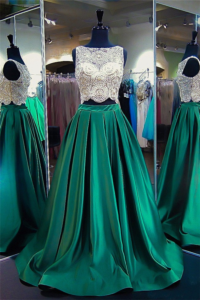 Fantastic A Line High Neck Two Piece Emerald Green Satin Beaded Prom Dress