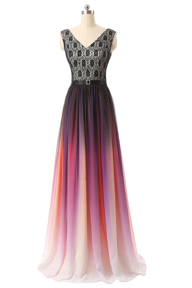 Fantastic Sheath V Neck Long Black Lace Ombre Chiffon Prom Dress