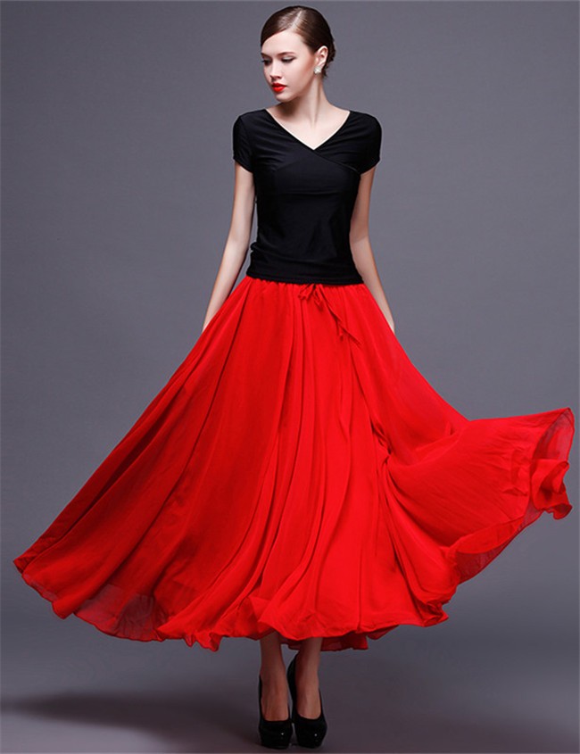 Flowing Ankle Length Red Chiffon Dance Prom Skirt