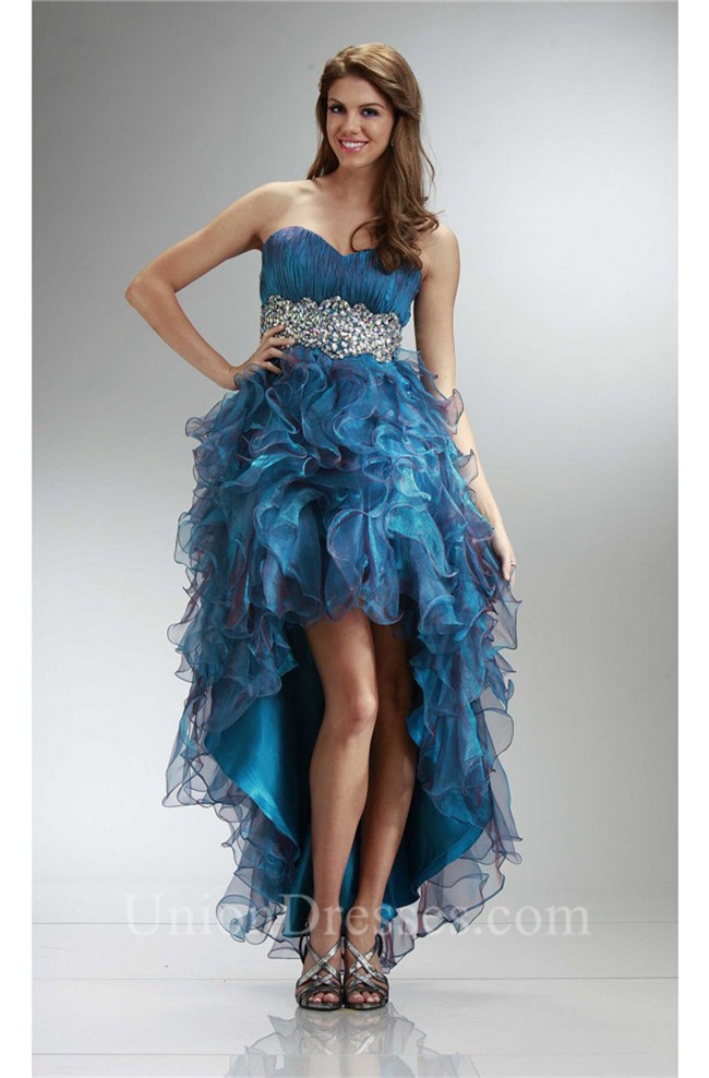 Graceful Strapless High Low Teal Organza Ruffle Beaded Prom Dress