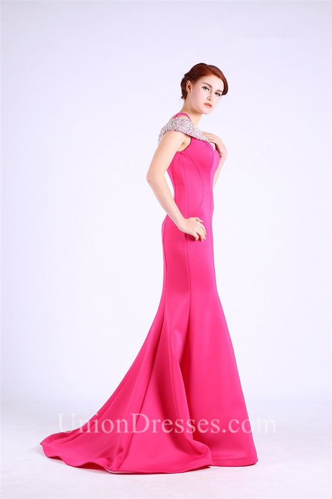 Mermaid Off The Shoulder Hot Pink Satin Beaded Occasion Prom Dress