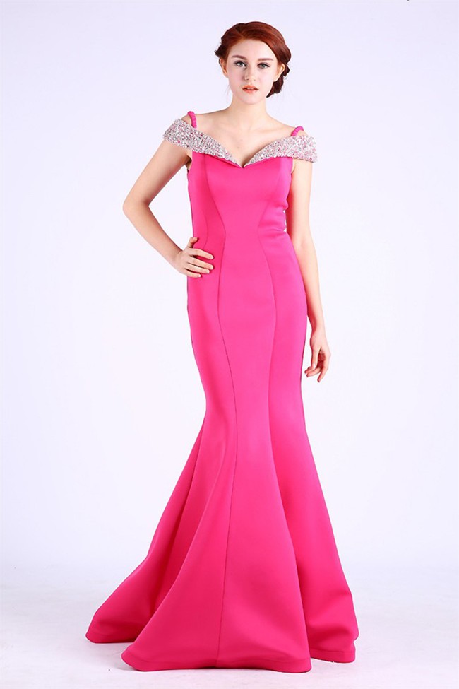 Mermaid Off The Shoulder Hot Pink Satin Beaded Occasion Prom Dress