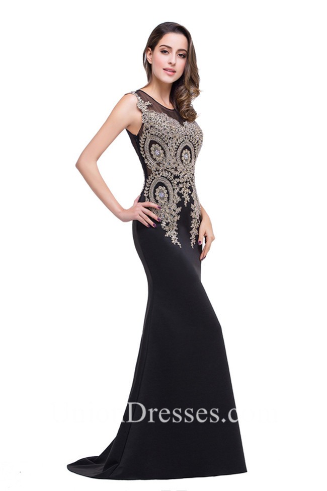 Mermaid Scoop Neck Black Satin Gold Lace Applique Prom Dress