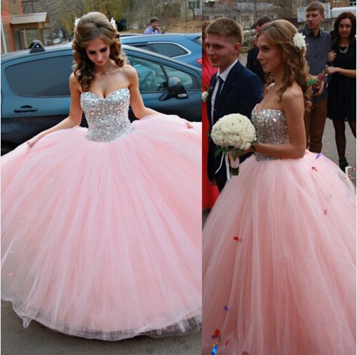 Puffy Ball Gown Strapless Sweetheart Light Pink Tulle Beaded Prom Dress ...