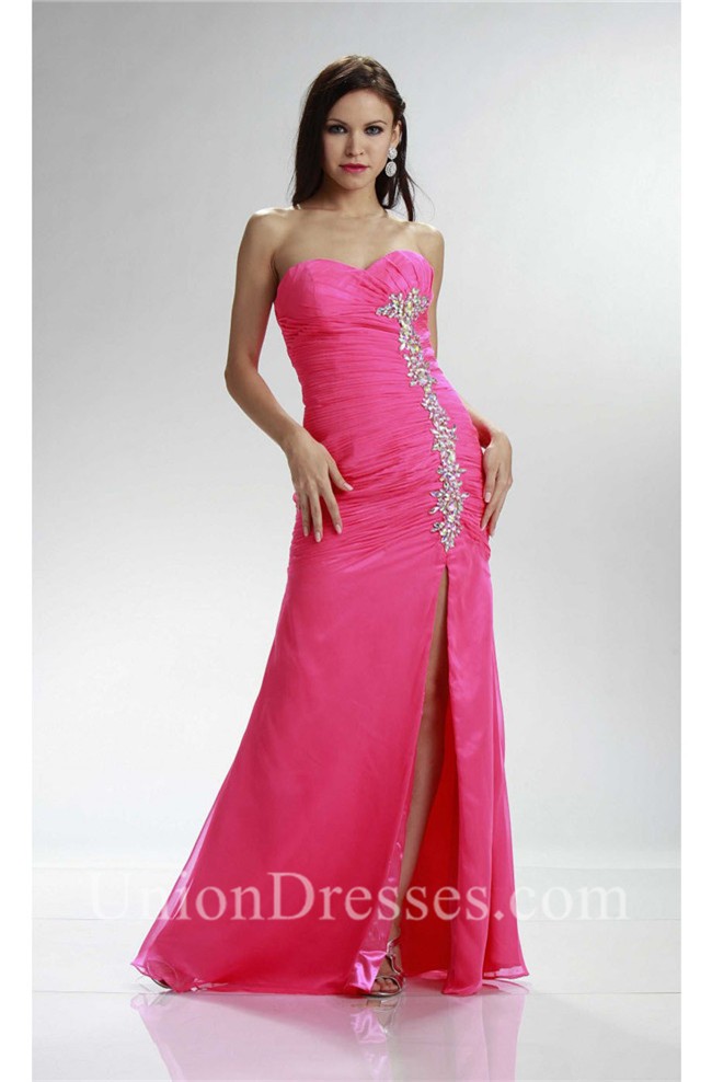 Sexy High Slit Long Hot Pink Chiffon Ruched Prom Dress With Rhinestones