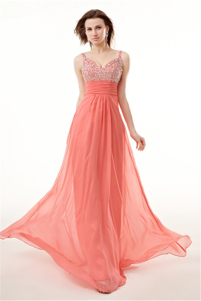 Sexy Sweetheart Long Coral Chiffon Beaded Flowing Prom Dress With Straps
