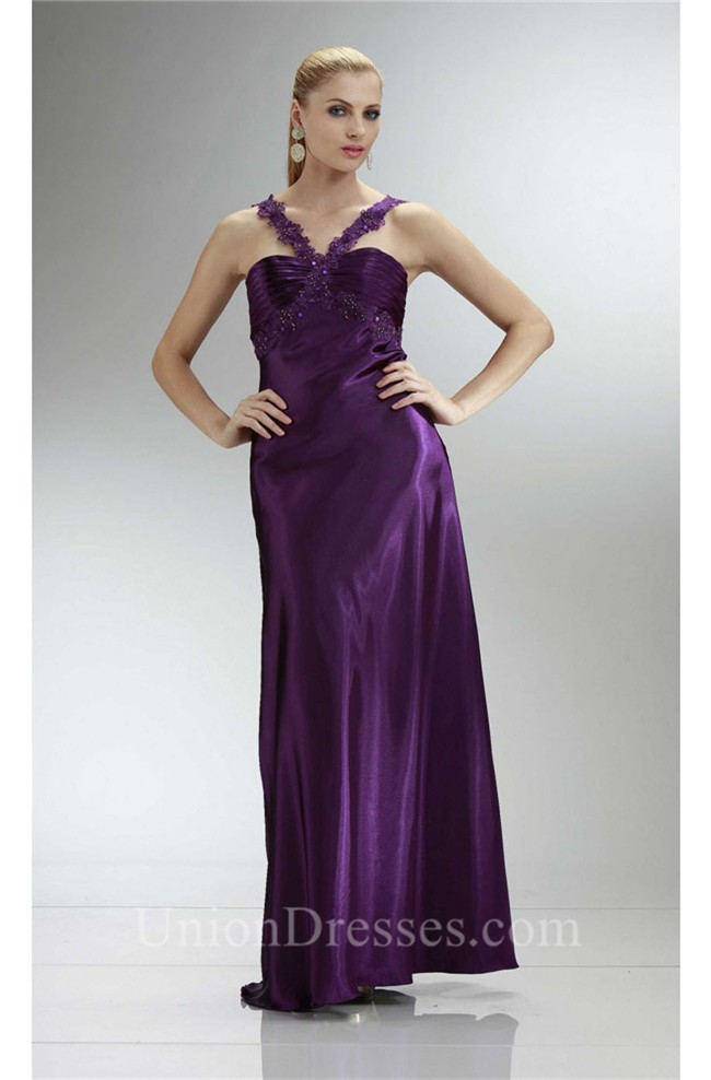 Sheath Long Purple Silk Formal Occasion Evening Dress With Lace Straps