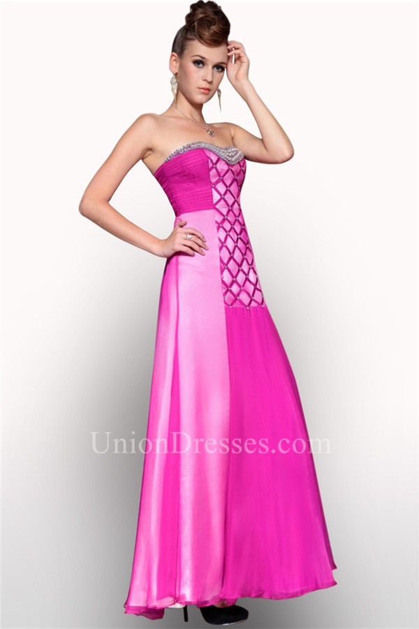 Sheath Strapless Long Hot Pink Chiffon Stripe Beaded Evening Prom Dress