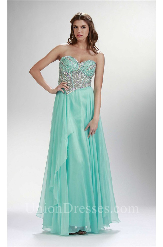 Sheath Sweetheart Long Mint Green Chiffon Beaded See Through Prom Dress