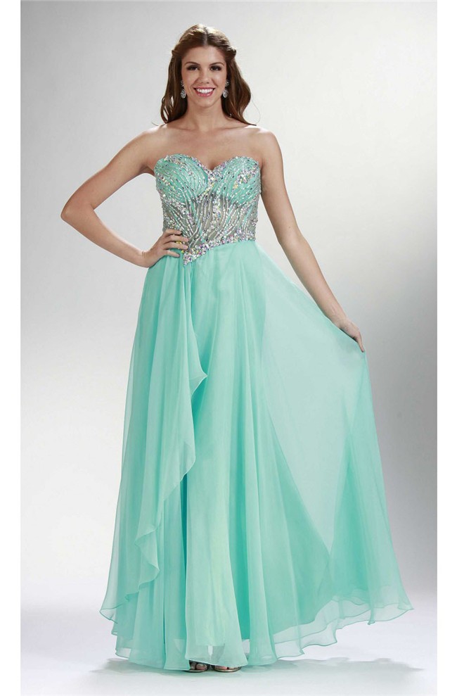 Sheath Sweetheart Long Mint Green Chiffon Beaded See Through Prom Dress