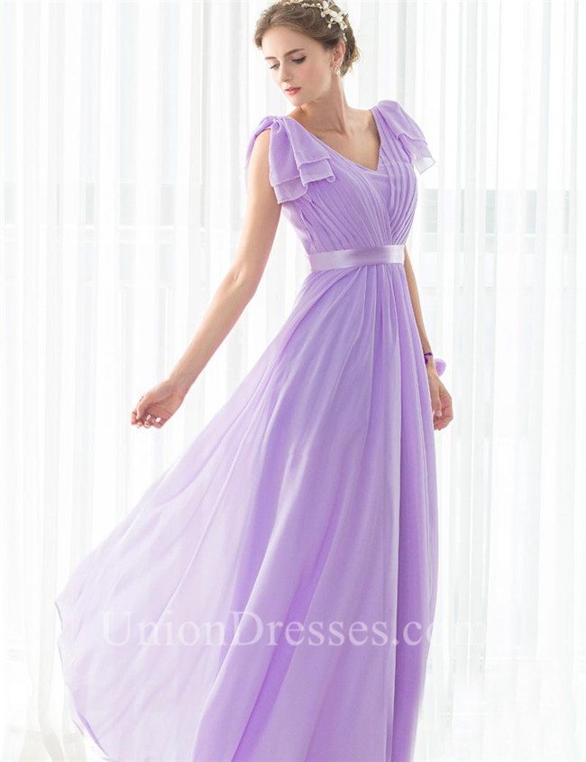 Sheath V Neck Long Lilac Chiffon Wedding Guest Bridesmaid Dress With Sash