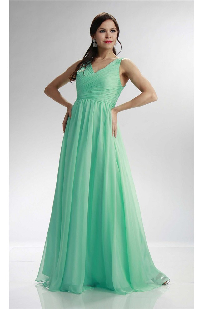 Sheath V Neck Long Mint Green Chiffon Ruched Bridesmaid Prom Dress