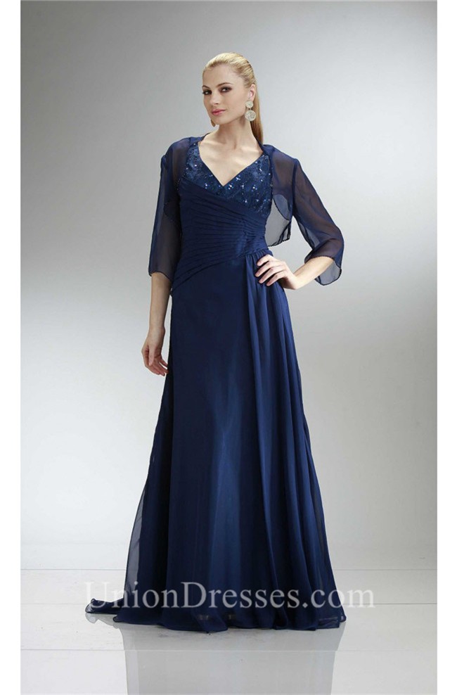 Sheath V Neck Navy  Blue  Chiffon Beaded Mother Evening  