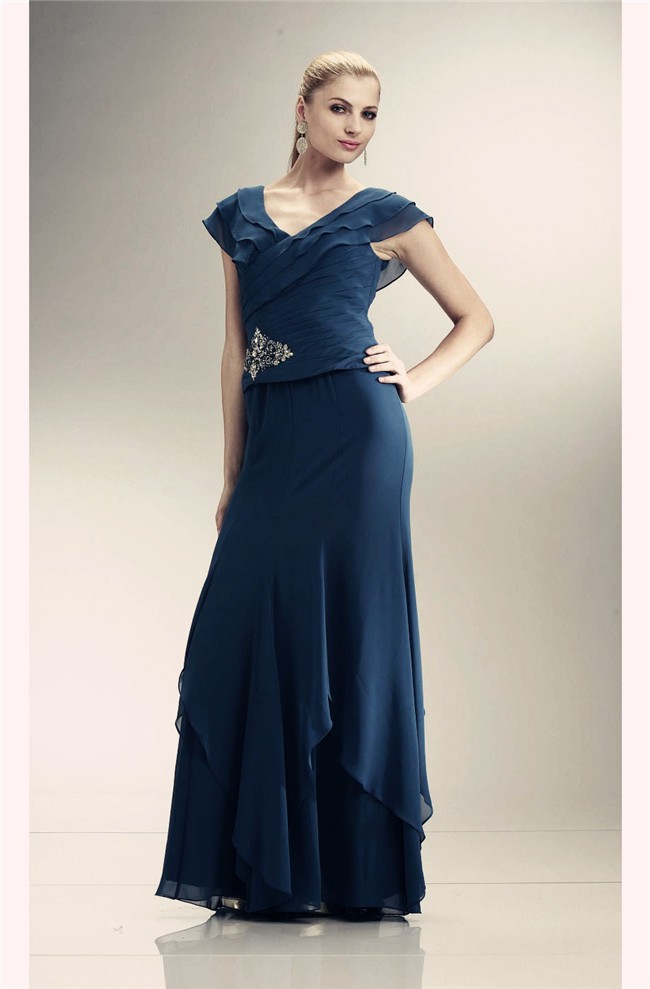 Sheath V Neck Navy Blue Chiffon Ruffled Sleeve Evening Dress