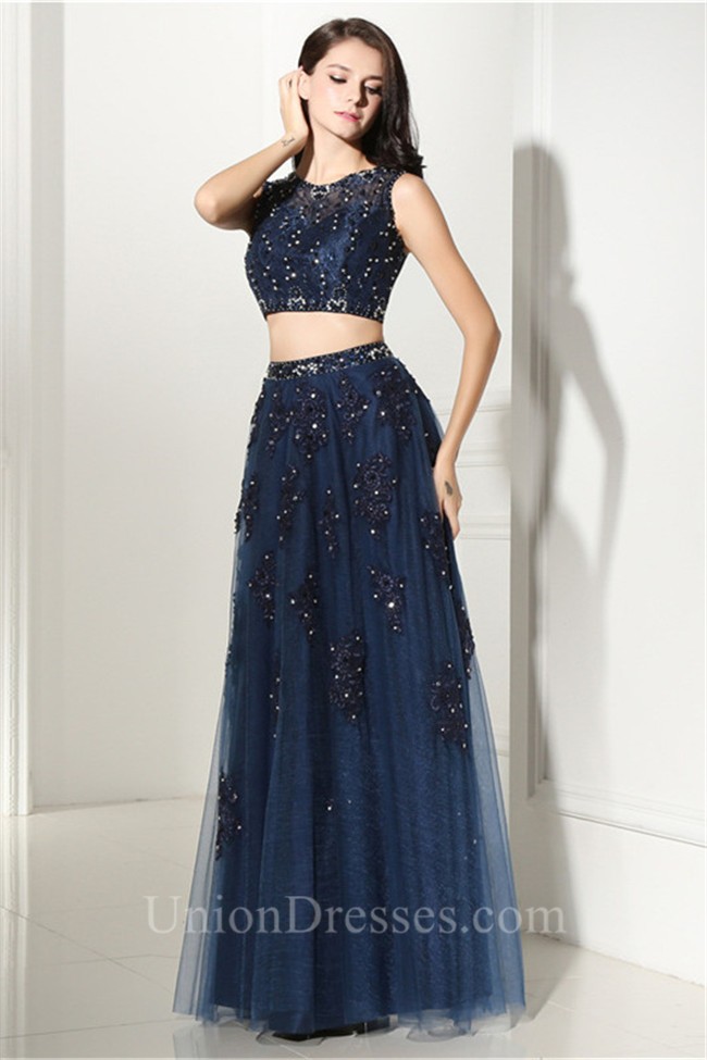 Sparkly Two Piece Long Navy Blue Tulle Lace Beaded Prom Dress