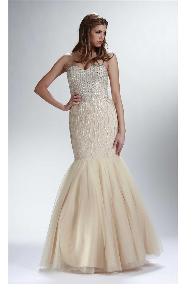 Stunning Mermaid Sweetheart Champagne Tulle Beaded Sparkly Prom Dress