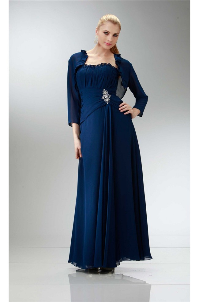 Traditional Strapless Navy Blue Chiffon Mother Evening Dress Bolero Jacket