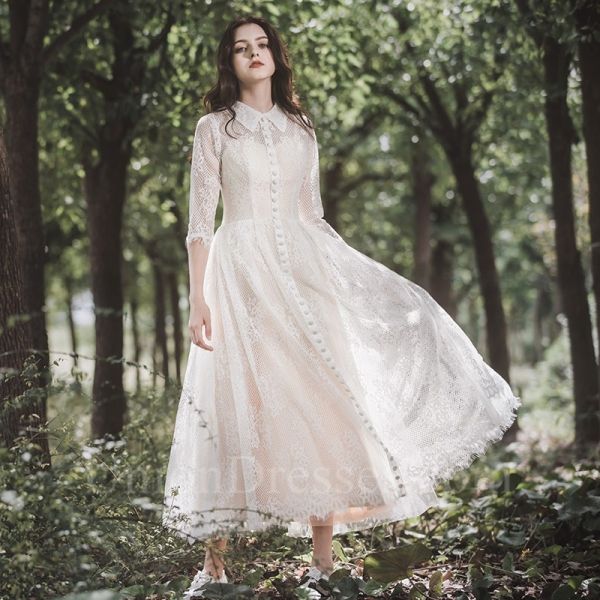 Tea Length Wedding Dress with Collar